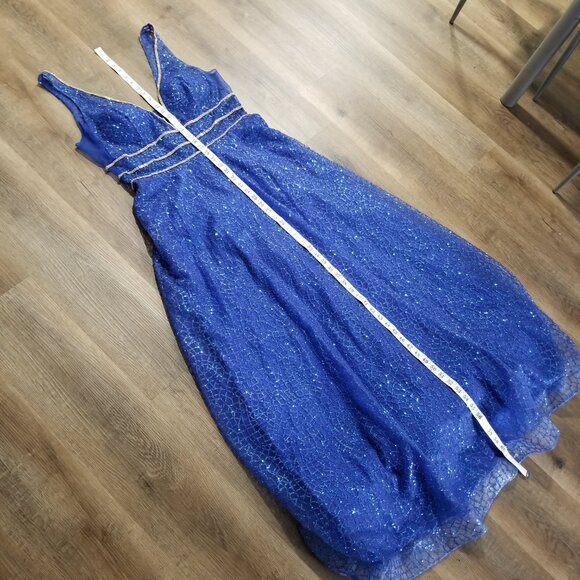 Sz XL Anny Lee Blue Glitter Plunge Illusion Gown with Gold and AB Crystal Trim - Picture 11 of 12
